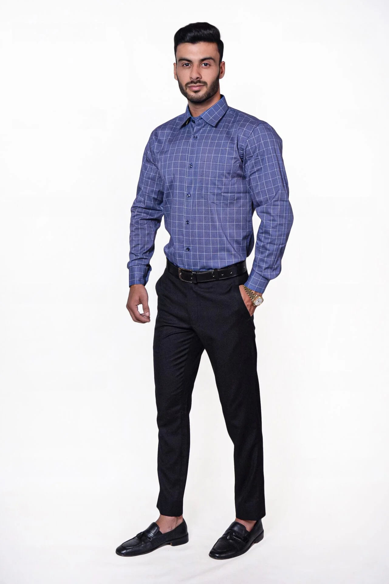 Firdous Blue & White Lining Check Menβs Formal Shirt Cotton